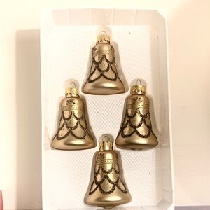 VTG 4 Piece Bell Shaped Glass Gold and Purple Glitter Christmas Ornaments